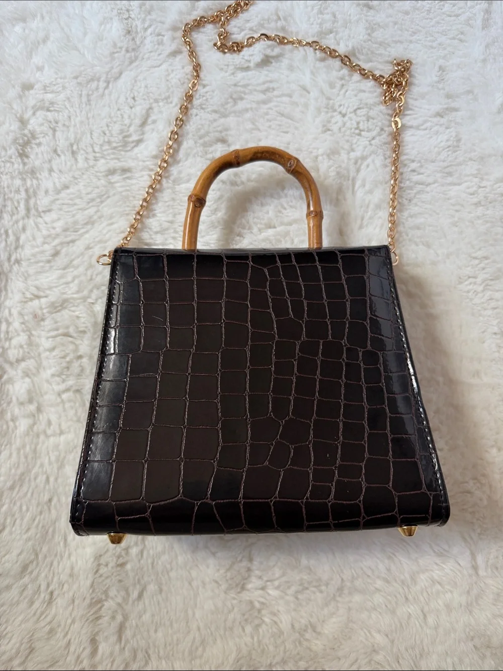 Comeco, Brown Croc-Embossed Bamboo-Handle Top-Handle Bag